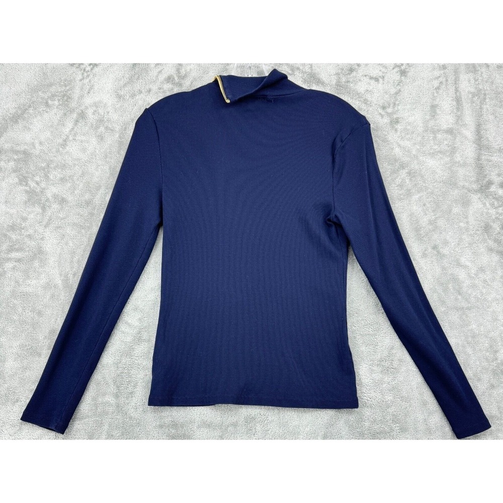 Ralph Lauren LRL Sweater Womens Large Ribbed Knit Zip Mock Bodycon Navy Nautical - Picture 2 of 8